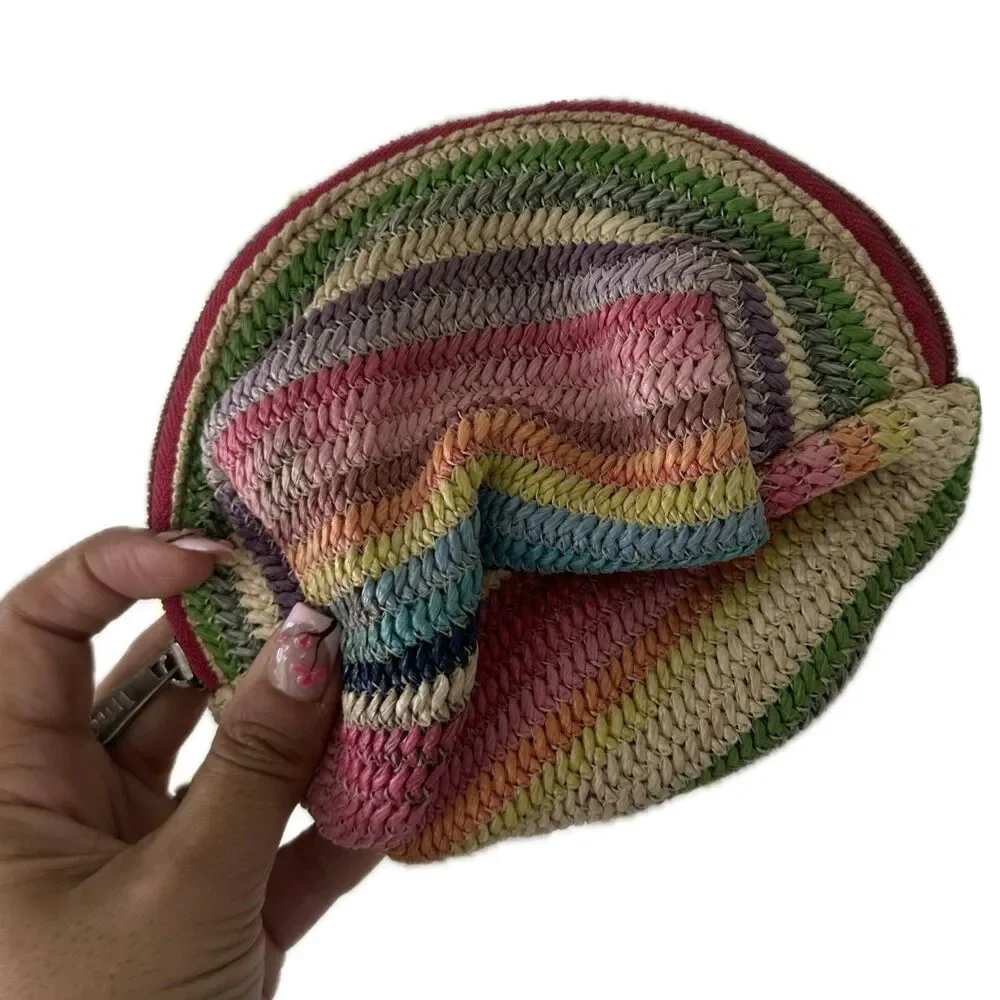 Unbranded Crochet Straw Woven Rainbow Stripe Lined Cosmetic Zipper Pouch